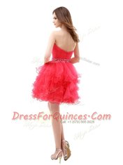 Sweetheart Sleeveless Prom Party Dress Knee Length Beading and Ruffled Layers Red Organza