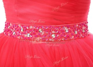 Sweetheart Sleeveless Prom Party Dress Knee Length Beading and Ruffled Layers Red Organza