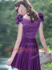 Luxury Scoop Sleeveless Zipper Knee Length Beading and Hand Made Flower