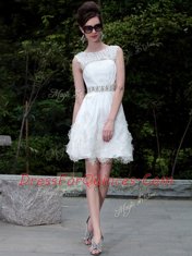 Delicate Scoop White Sleeveless Mini Length Beading and Belt Zipper