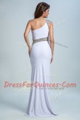 Free and Easy One Shoulder Floor Length White Evening Dress Elastic Woven Satin Sleeveless Beading