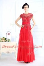 Customized Scoop Floor Length Zipper Prom Dress Coral Red for Prom and Party with Beading