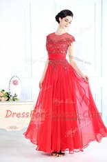 Customized Scoop Floor Length Zipper Prom Dress Coral Red for Prom and Party with Beading