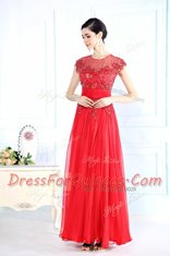 Customized Scoop Floor Length Zipper Prom Dress Coral Red for Prom and Party with Beading