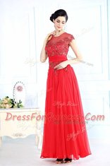 Customized Scoop Floor Length Zipper Prom Dress Coral Red for Prom and Party with Beading