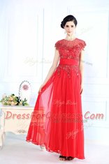 Customized Scoop Floor Length Zipper Prom Dress Coral Red for Prom and Party with Beading