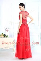 Customized Scoop Floor Length Zipper Prom Dress Coral Red for Prom and Party with Beading