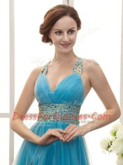 Fashionable Aqua Blue Straps Neckline Beading Evening Dress Sleeveless Zipper