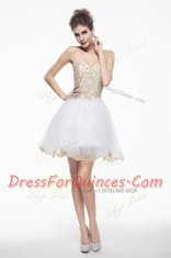 Knee Length Zipper Evening Dress White for Prom and Party with Beading and Lace
