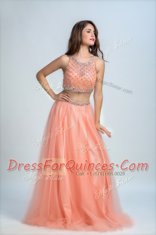 Vintage Scoop Floor Length Peach Prom Dress Chiffon Sleeveless Beading and Belt