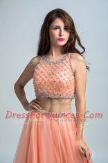 Vintage Scoop Floor Length Peach Prom Dress Chiffon Sleeveless Beading and Belt