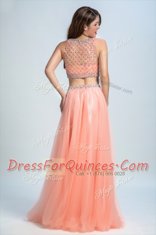 Vintage Scoop Floor Length Peach Prom Dress Chiffon Sleeveless Beading and Belt