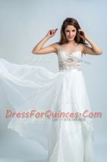 Bateau Sleeveless Dress for Prom Floor Length Lace White Tulle