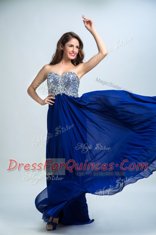 Royal Blue Sleeveless With Train Beading Zipper Prom Party Dress