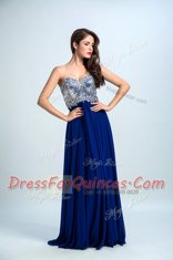 Royal Blue Sleeveless With Train Beading Zipper Prom Party Dress