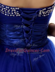 Stunning Royal Blue Dress for Prom Prom and Party and For with Ruffled Layers and Sequins and Ruching Sweetheart Sleeveless Lace Up