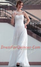 Enchanting White Satin Zipper Sleeveless Floor Length Beading and Lace