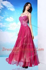 Elegant Scoop Fuchsia Chiffon Side Zipper Prom Gown Sleeveless Floor Length Beading