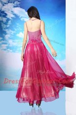 Elegant Scoop Fuchsia Chiffon Side Zipper Prom Gown Sleeveless Floor Length Beading