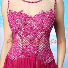 Elegant Scoop Fuchsia Chiffon Side Zipper Prom Gown Sleeveless Floor Length Beading