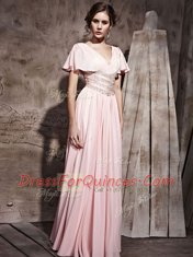 Custom Made V-neck Short Sleeves Chiffon Dress for Prom Beading and Ruching Side Zipper