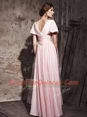 Custom Made V-neck Short Sleeves Chiffon Dress for Prom Beading and Ruching Side Zipper