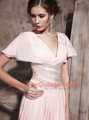 Custom Made V-neck Short Sleeves Chiffon Dress for Prom Beading and Ruching Side Zipper