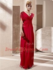 Beading and Ruching Dress for Prom Red Side Zipper Short Sleeves Floor Length