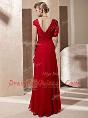 Beading and Ruching Dress for Prom Red Side Zipper Short Sleeves Floor Length