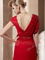 Beading and Ruching Dress for Prom Red Side Zipper Short Sleeves Floor Length