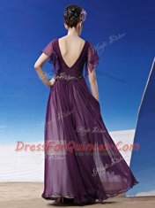 Ideal V-neck Short Sleeves Side Zipper Evening Dress Dark Purple Chiffon
