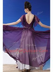 Ideal V-neck Short Sleeves Side Zipper Evening Dress Dark Purple Chiffon