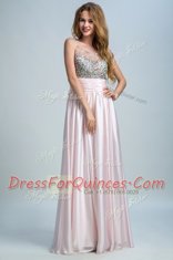 Beading and Ruching Homecoming Dress Baby Pink Side Zipper Sleeveless Floor Length
