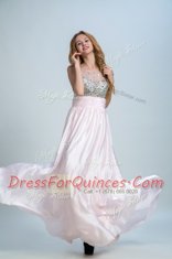 Beading and Ruching Homecoming Dress Baby Pink Side Zipper Sleeveless Floor Length