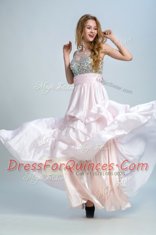 Beading and Ruching Homecoming Dress Baby Pink Side Zipper Sleeveless Floor Length