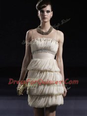 Sophisticated Champagne Column/Sheath Strapless Sleeveless Chiffon Knee Length Side Zipper Beading and Ruching
