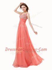 Watermelon Red Side Zipper V-neck Beading Prom Dress Chiffon Sleeveless