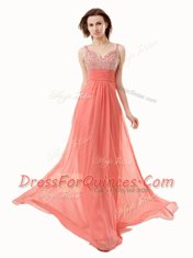 Watermelon Red Side Zipper V-neck Beading Prom Dress Chiffon Sleeveless