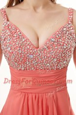 Watermelon Red Side Zipper V-neck Beading Prom Dress Chiffon Sleeveless