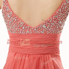 Watermelon Red Side Zipper V-neck Beading Prom Dress Chiffon Sleeveless