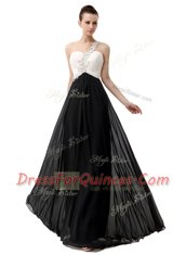 Cheap White And Black Empire Chiffon One Shoulder Sleeveless Beading Floor Length Zipper Prom Party Dress