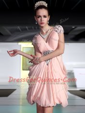 Knee Length Zipper Prom Gown Peach for Prom and Party with Beading