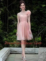 Latest One Shoulder Peach Column/Sheath Beading and Hand Made Flower Evening Dress Side Zipper Tulle Sleeveless Knee Length