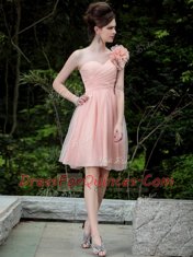 Latest One Shoulder Peach Column/Sheath Beading and Hand Made Flower Evening Dress Side Zipper Tulle Sleeveless Knee Length