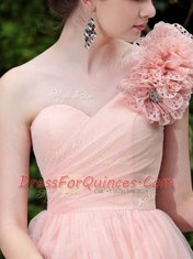 Latest One Shoulder Peach Column/Sheath Beading and Hand Made Flower Evening Dress Side Zipper Tulle Sleeveless Knee Length