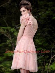 Latest One Shoulder Peach Column/Sheath Beading and Hand Made Flower Evening Dress Side Zipper Tulle Sleeveless Knee Length