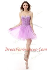 Lilac Organza Lace Up Prom Dress Sleeveless Knee Length Beading