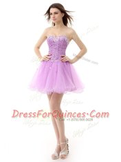 Lilac Organza Lace Up Prom Dress Sleeveless Knee Length Beading