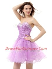 Lilac Organza Lace Up Prom Dress Sleeveless Knee Length Beading