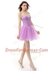 Lilac Organza Lace Up Prom Dress Sleeveless Knee Length Beading